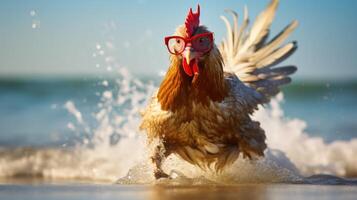 AI generated Spirited rooster jumps onto the beach, flaunting fashionable sunglasses, a feathered trendsetter by the shore, Ai Generated. photo