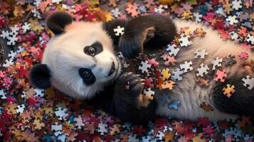 AI generated Cute panda engrossed in a jigsaw puzzle, adding a whimsical touch, Ai Generated. photo