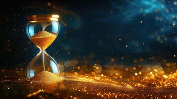 AI generated Illustration of a golden hourglass against a dark background, symbolizing the concept of time, Ai Generated. photo