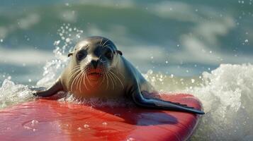 AI generated A cute seal surfer enjoys a fun-filled summer day at the beach, riding waves with enthusiasm, Ai Generated. photo