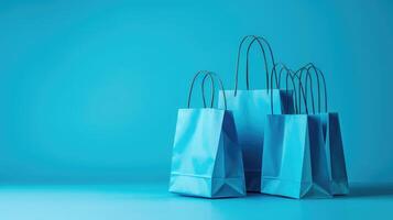 AI generated Stylish blue shopping bags against a matching blue background, conveying a modern aesthetic, Ai Generated. photo