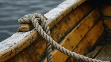 ai generado cerca arriba de cuerda en de madera barco vitrinas náutico detalles con rústico encanto. ai generado. foto