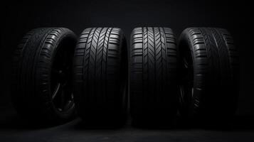 AI generated Sleek black tires stand out against a dark backdrop, enhancing their allure. Ai Generated photo