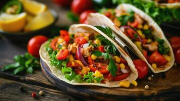 AI generated Vegetarian tacos presented on a rustic wooden table, a savory and satisfying meal, Ai Generated. photo