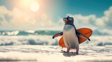 AI generated A cute penguin surfer enjoys a fun-filled summer day at the beach, riding waves with enthusiasm, Ai Generated. photo