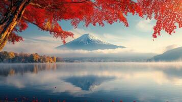 AI generated Autumn's palette unfolds, Fuji stands amid morning mist, adorned with fiery foliage, Ai Generated. photo