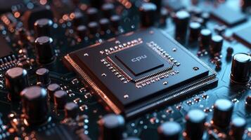 AI generated High-tech electronic circuit board with powerful processor, Ai Generated. photo