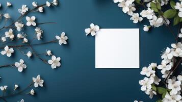 AI generated Sophisticated blue invitation card mockup framed by white flowers. Ai Generated photo