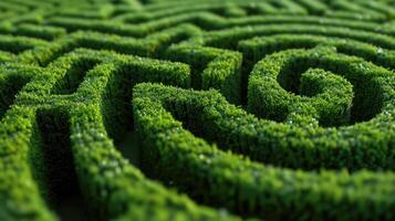 AI generated Traverse through a vibrant green maze leading to a circular center, Ai Generated. photo