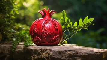 AI generated Red pomegranate sculpture on rock, framed by lush green foliage. Art in nature, Ai Generated. photo