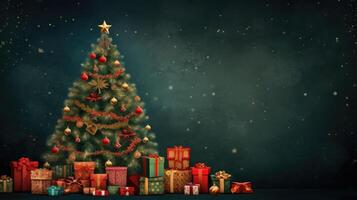 AI generated A colorful Christmas background adorned with presents and a tree on a deep green backdrop. Ai Generated photo