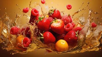 AI generated Vibrant berries, liquid gold, red juices on golden background. Luscious indulgence, Ai Generated. photo