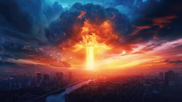 AI generated Cataclysmic nuclear explosion transforms day or night into an ominous spectacle, Ai Generated. photo