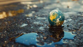 AI generated Witness the startling contrast as an Earth globe floats on a gasoline puddle, igniting into flames. Ai Generated photo