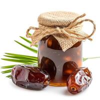 AI generated Rich date palm jam marmalade jelly preserves in a glass jar, accompanied by fresh date palms, presented on a clean white backdrop, Ai Generated. photo