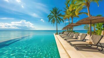 AI generated A luxurious resort pool, adorned with beach chairs, epitomizing seaside opulence. Ai Generated. photo
