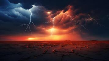 ai generado un dramático ver capturas un tormenta con feroz relámpago tornillos perforación mediante el oscuro, ai generado. foto