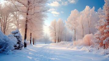 ai generado encantador invierno paisaje con arboles encapotado en nieve, un sereno bosque adornado en de la naturaleza blanco atuendo. ai generado foto