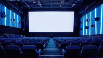 ai generado vacío cine salón con azul matices y un blanco blanco pantalla, esperando el siguiente demostración, ai generado. foto