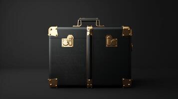 AI generated Elegant black suitcase with gold handles set against a sleek black backdrop. Ai Generated. photo