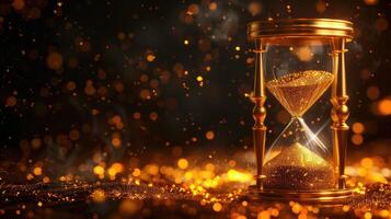 AI generated Illustration of a golden hourglass against a dark background, symbolizing the concept of time, Ai Generated. photo