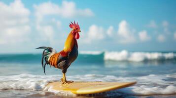 AI generated A cute rooster surfer enjoys a fun-filled summer day at the beach, riding waves with enthusiasm, Ai Generated. photo