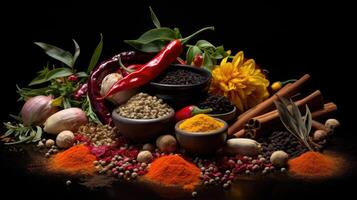 AI generated Assorted spices pop against a sleek black backdrop in a tantalizing display. Ai Generated photo