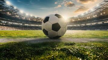 ai generado fútbol pelota toma centrar etapa en el estadio, simbolizando el corazón de competencia. ai generado. foto