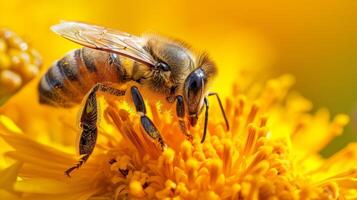 AI generated Delve into the intricate world of pollination with a close-up macro shot of a bee and yellow flower pollen. Ai Generated photo