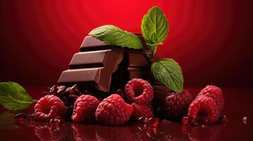 AI generated Dynamic chocolate splash, raspberries, mint on a rich red backdrop. Tempting indulgence, Ai Generated. photo