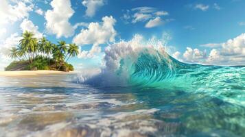 ai generado un vibrante Oceano ola accidentes, enmarcado un tropical isla en un paleta de colores, ai generado. foto