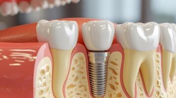 AI generated Explore the intricacies of dental implantology with a cross-section of the jaw showcasing an embedded implant in the gum. Ai Generated photo