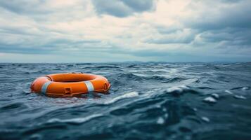 AI generated Lifebuoy adrift on the sea's surface, a beacon of hope and safety in the vast expanse. Ai Generated. photo