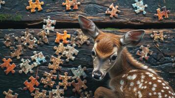 AI generated Cute deer engrossed in a jigsaw puzzle, adding a whimsical touch, Ai Generated. photo
