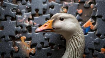 AI generated Cute goose engrossed in a jigsaw puzzle, adding a whimsical touch, Ai Generated. photo