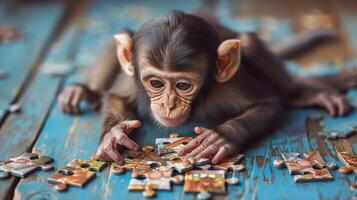 AI generated Cute monkey engrossed in a jigsaw puzzle, adding a whimsical touch, Ai Generated. photo