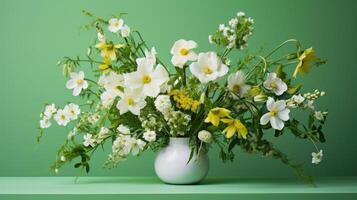 AI generated White blooms and spring flowers create a vibrant display against a backdrop of vivid green. Ai Generated. photo