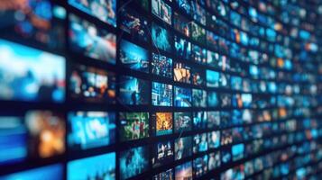 AI generated Multiple television screens displaying various TV channels, embodying the dynamic media concept, Ai Generated. photo