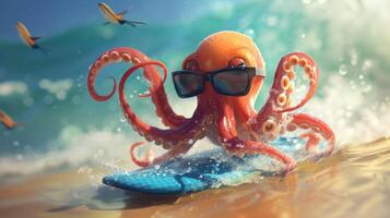 AI generated A cute squid surfer enjoys a fun-filled summer day at the beach, riding waves with enthusiasm, Ai Generated. photo