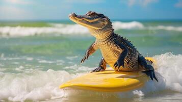 AI generated A cute alligator surfer enjoys a fun-filled summer day at the beach, riding waves with enthusiasm, Ai Generated. photo