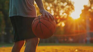 AI generated Man holds basketball, golden sunlight, playing field ambiance. Ai Generated. photo