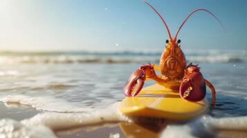 AI generated A cute lobster surfer enjoys a fun-filled summer day at the beach, riding waves with enthusiasm, Ai Generated. photo