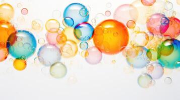 AI generated Colorful soap bubbles abound on a white background, creating a playful visual spectacle. Ai Generated. photo