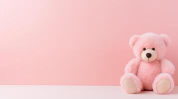 AI generated Adorable bear peluche on a pale pink background with copy space. Ai Generated photo