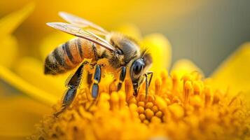 AI generated A close-up macro shot captures a bee covered in yellow flower pollen. Ai Generated photo