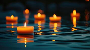 AI generated Group of lit candles gently floating in water, creating a peaceful ambiance. Ai Generated. photo