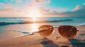 ai generado besado por el Sol playa vibraciones capturado mediante Gafas de sol, encapsulando el esencia de viajar. ai generado. foto