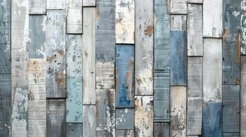 AI generated Weathered blue washed old wood background with abstract texture pieces. Ai Generated photo