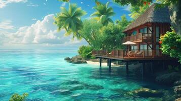 AI generated A paradise of nature, sea, and a hotel house in the midst of serene tropical beauty. Ai Generated. photo