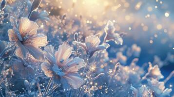 AI generated A winter wonderland adorned with frosty ice flowers, delicate snow, and glistening crystals a serene masterpiece. Ai Generated photo